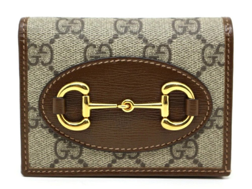 Gucci Horsebit Wallet Card Case Wallet Bi fold Compact Leather Beige Cream Brown